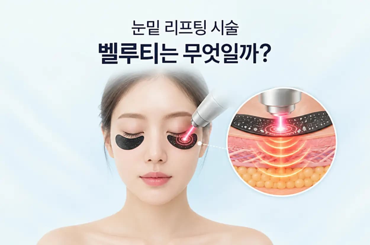 눈밑 리프팅 시술 벨루티를 하는 장면과 피부층 확대도를 그린 썸네일