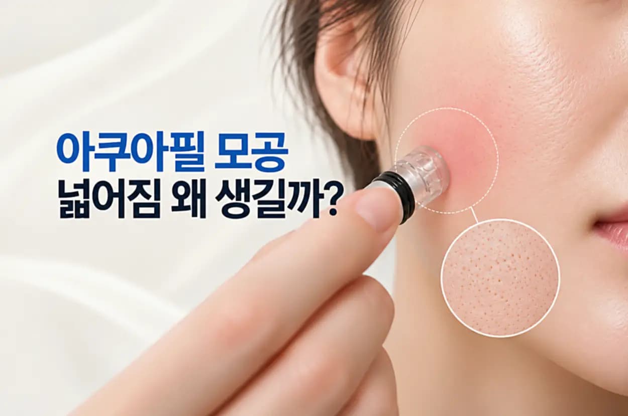 여성의 볼에 아쿠아필 흡입 팁을 대고 시술하는 모습과 모공이 넓어 보이는 피부 상태를 확대해 나타낸 이미지